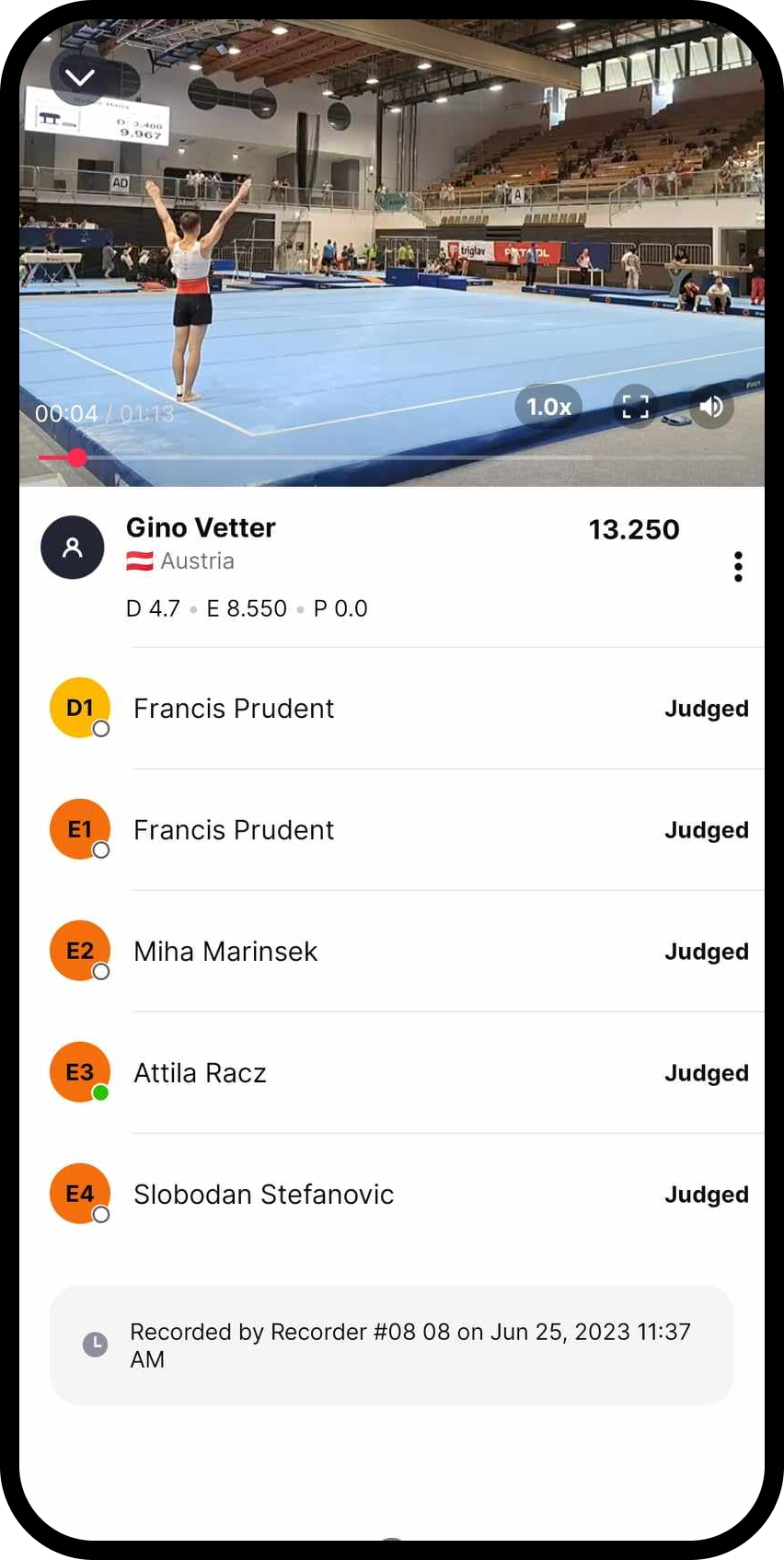 Elevien app: gymnast performance with score